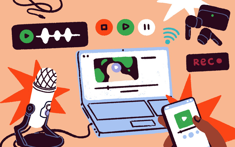 podcast_interieur visuel illustratif regroupant des éléments de podcast : micro, oreillettes, lecteur audio...